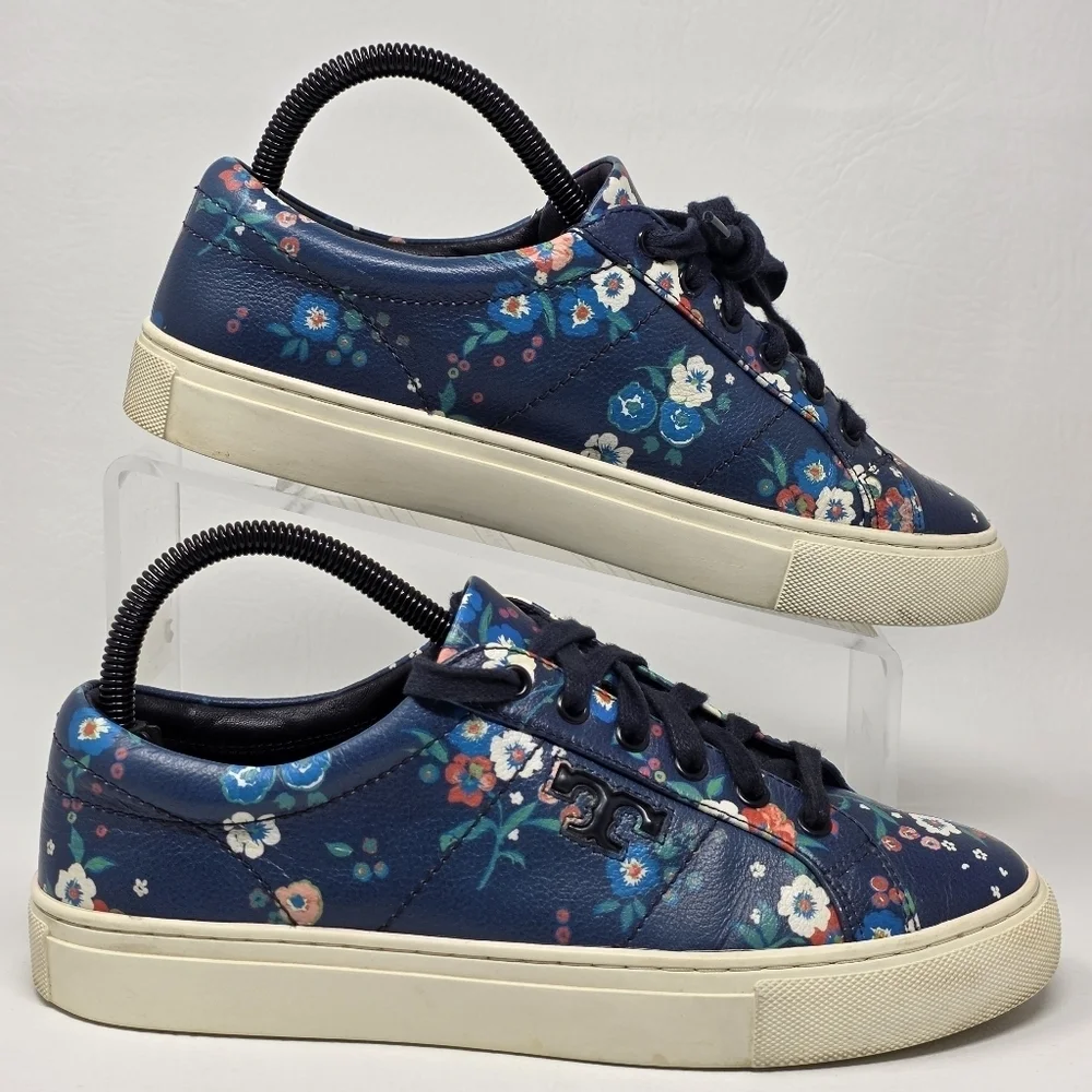 TORY BURCH Floral Multicolor Leather Sneakers 39425 Womens Size 7.5 Pre-owned